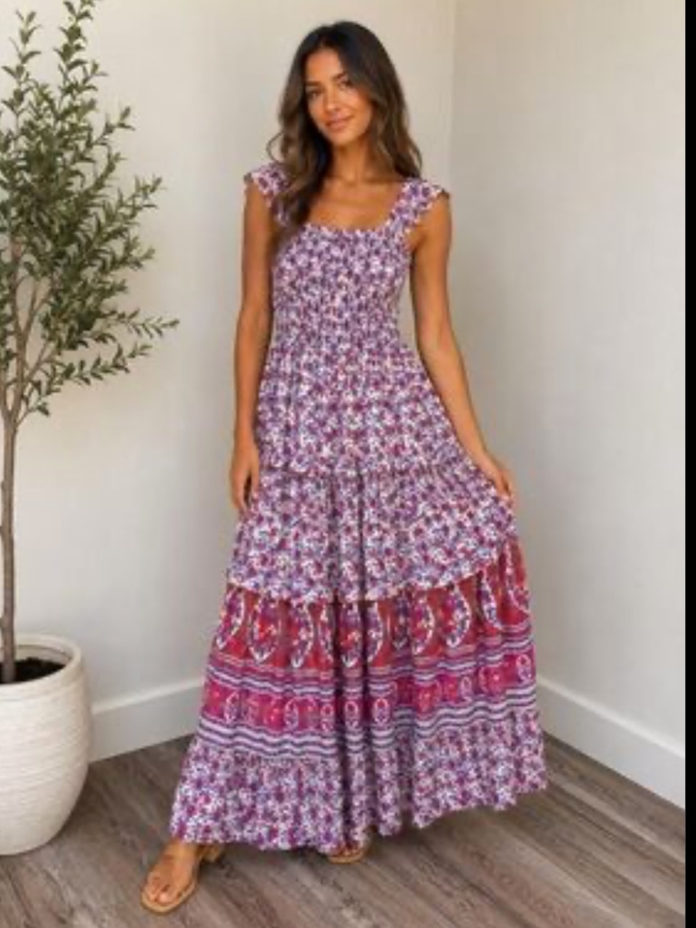 Abel the Label Floral Tiered Maxi Dress S Pink Smocked Cottagecore Boho Whimsy